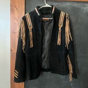 3D West by Tansmith Black Suede Fringe Jacket with Beaded Accents size M euc